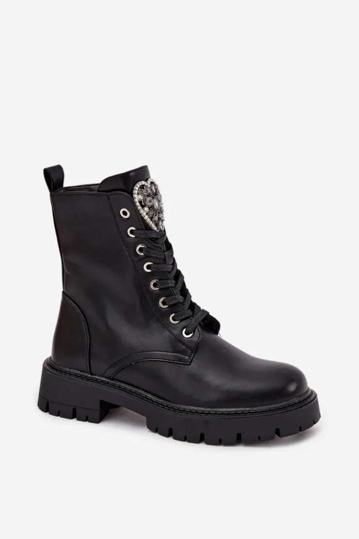 Damskie Boto Botki Workery Z Biżuteryjną Ozdobą Ocieplane Eko Skórzane Czarne Miryssa