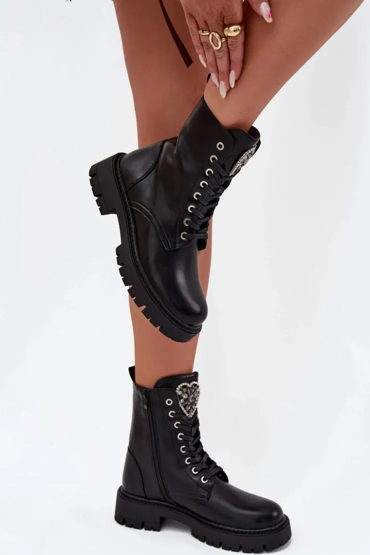 Damskie Boto Botki Workery Z Biżuteryjną Ozdobą Ocieplane Eko Skórzane Czarne Miryssa