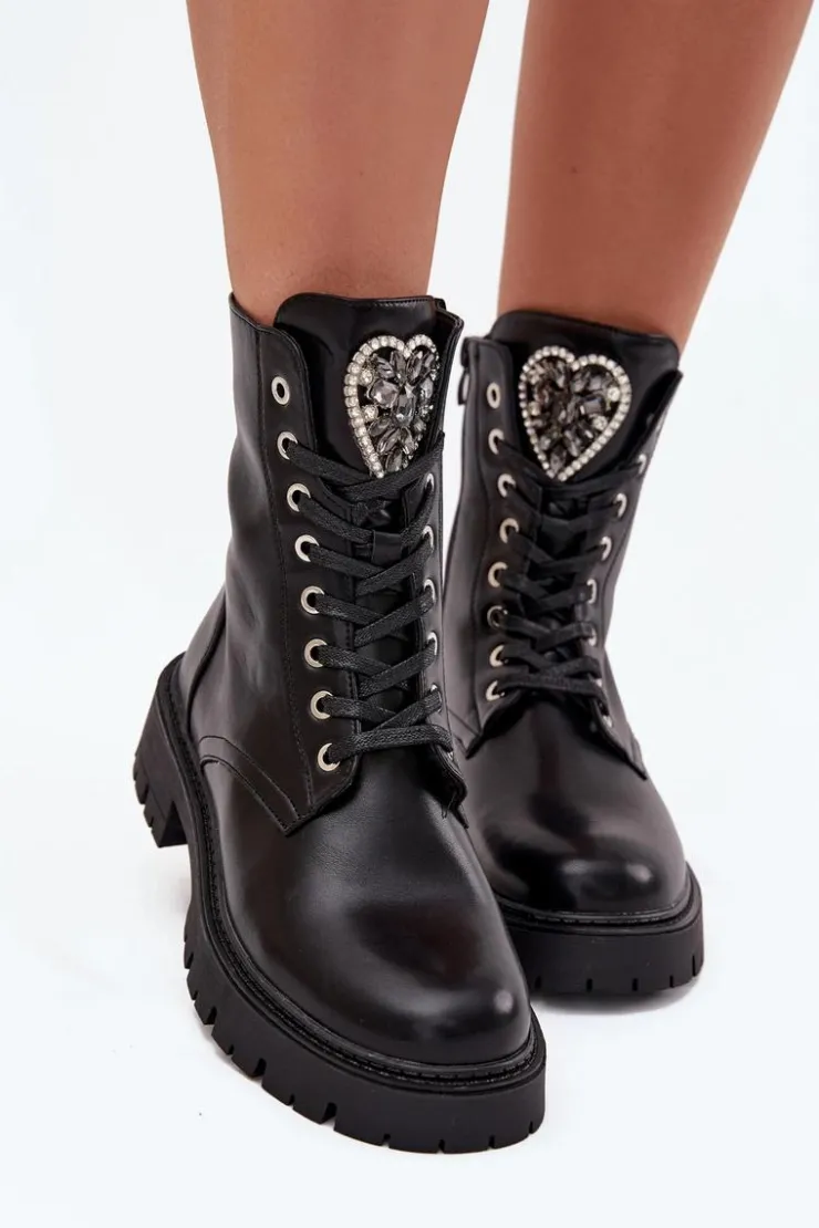 Damskie Boto Botki Workery Z Biżuteryjną Ozdobą Ocieplane Eko Skórzane Czarne Miryssa