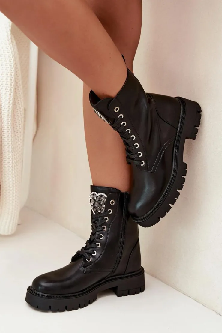 Damskie Boto Botki Workery Z Biżuteryjną Ozdobą Ocieplane Eko Skórzane Czarne Miryssa