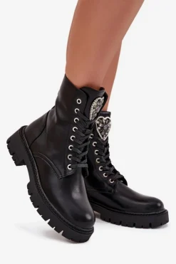 Damskie Boto Botki Workery Z Biżuteryjną Ozdobą Ocieplane Eko Skórzane Czarne Miryssa