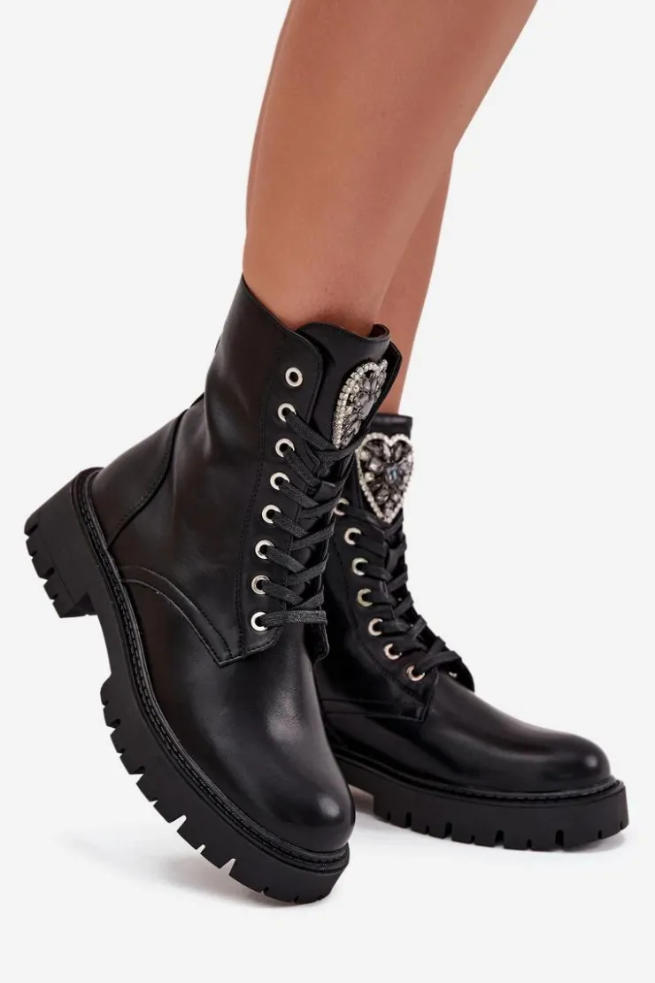 Damskie Boto Botki Workery Z Biżuteryjną Ozdobą Ocieplane Eko Skórzane Czarne Miryssa