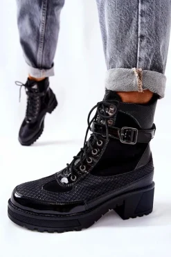 Damskie Boto Botki Workery Z Klamrą Czarne Devera