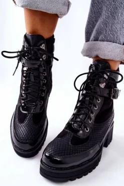 Damskie Boto Botki Workery Z Klamrą Czarne Devera