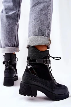 Damskie Boto Botki Workery Z Klamrą Czarne Devera