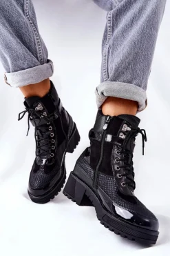 Damskie Boto Botki Workery Z Klamrą Czarne Devera