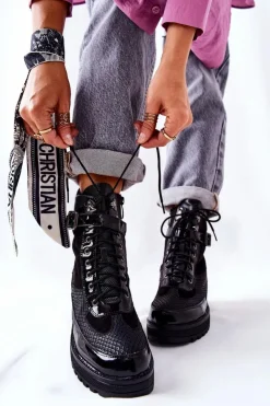 Damskie Boto Botki Workery Z Klamrą Czarne Devera