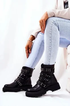 Damskie Boto Botki Workery Z Paskami Ćwieki Czarne Brenna