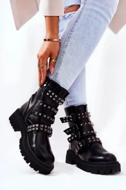 Damskie Boto Botki Workery Z Paskami Ćwieki Czarne Brenna