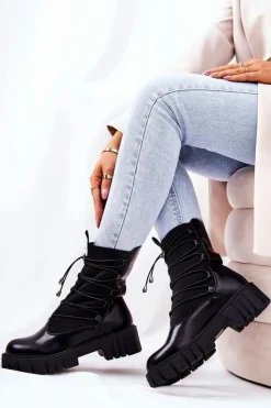 Damskie Boto Botki Workery Ze Skarpetą Czarne Connor