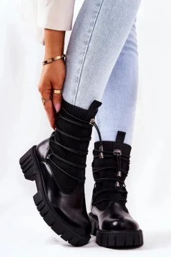 Damskie Boto Botki Workery Ze Skarpetą Czarne Connor