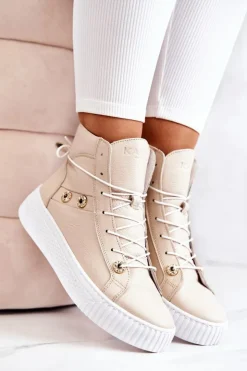 Boto Trampki Damskie Wysokie|Botki Wiosenne*Botki Wysokie Trampki Skórzane Beżowo-Białe Ashlee