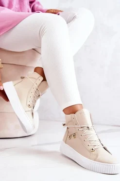 Boto Trampki Damskie Wysokie|Botki Wiosenne*Botki Wysokie Trampki Skórzane Beżowo-Białe Ashlee