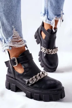 Boto Czarne Botki*Botki Z Łańcuszkiem Czarne Torment
