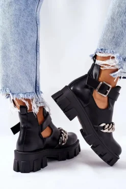 Boto Czarne Botki*Botki Z Łańcuszkiem Czarne Torment