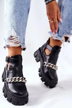 Boto Czarne Botki*Botki Z Łańcuszkiem Czarne Torment