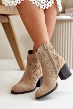 Outlet Boto Botki Z Ażurową Cholewką Na Słupku Eko Zamszowe Beżowe Nevishiia
