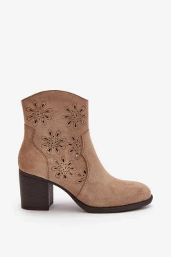 Outlet Boto Botki Z Ażurową Cholewką Na Słupku Eko Zamszowe Beżowe Nevishiia