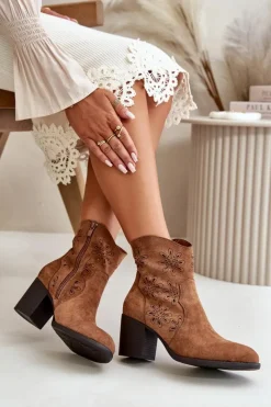 Discount Boto Botki Z Ażurową Cholewką Na Słupku Eko Zamszowe Brązowe Nevishiia Brązowy