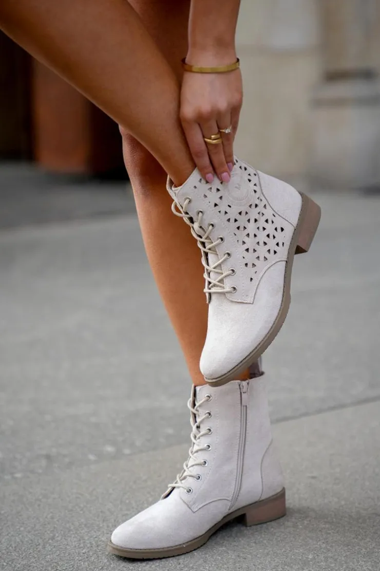 Damskie Boto Botki Z Ażurowym Wzorem Na Zamek Jasnobeżowe Serfina