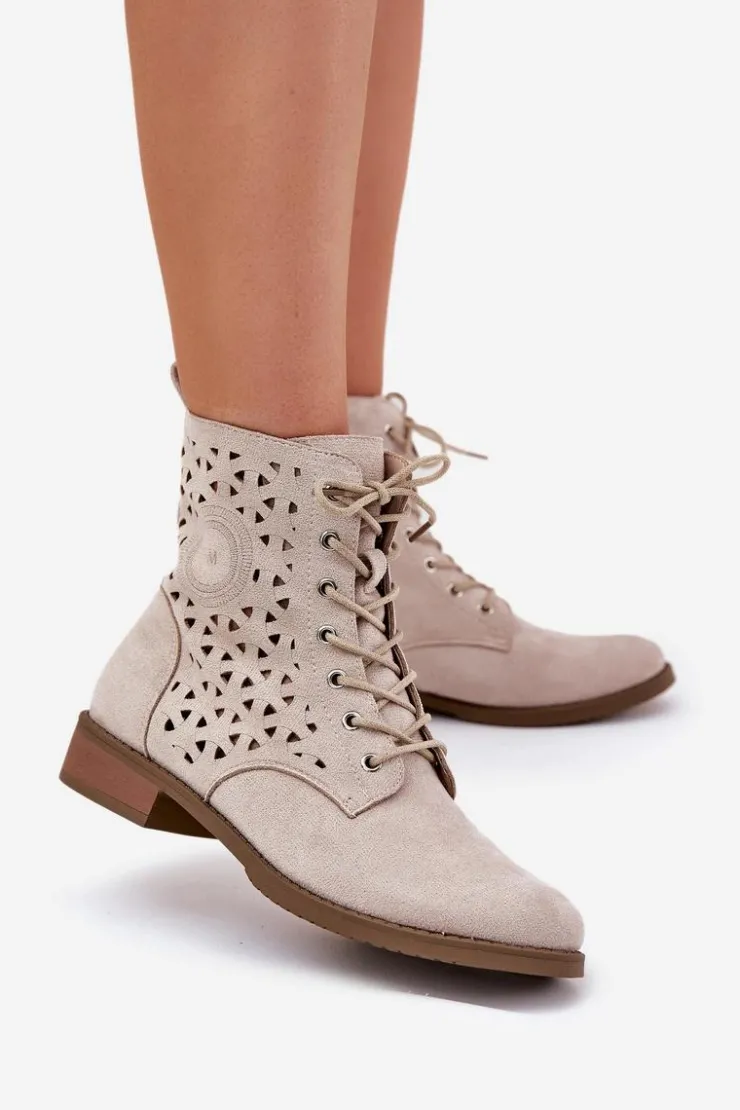 Damskie Boto Botki Z Ażurowym Wzorem Na Zamek Jasnobeżowe Serfina