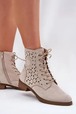 Damskie Boto Botki Z Ażurowym Wzorem Na Zamek Jasnobeżowe Serfina