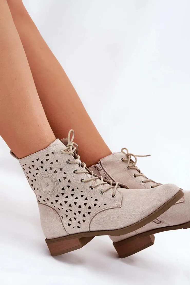 Damskie Boto Botki Z Ażurowym Wzorem Na Zamek Jasnobeżowe Serfina