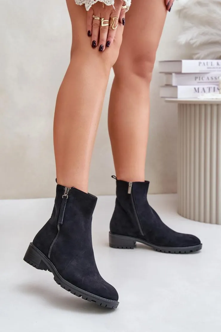 Boto Botki Ocieplane|Czarne Botki*Botki Z Eko Zamszu Na Płaskim Obcasie Czarne Innabelle