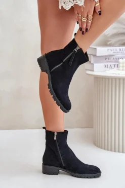 Boto Botki Ocieplane|Czarne Botki*Botki Z Eko Zamszu Na Płaskim Obcasie Czarne Innabelle