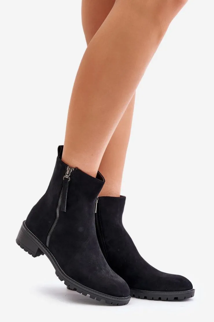 Boto Botki Ocieplane|Czarne Botki*Botki Z Eko Zamszu Na Płaskim Obcasie Czarne Innabelle