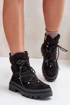 Damskie Boto Botki Z Futerkiem Typu Baranek Czarne Merilana