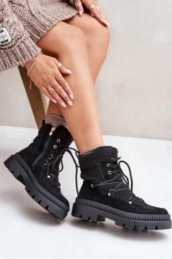 Damskie Boto Botki Z Futerkiem Typu Baranek Czarne Merilana