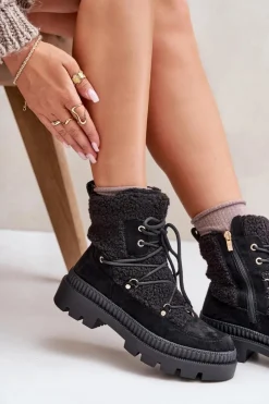 Damskie Boto Botki Z Futerkiem Typu Baranek Czarne Merilana