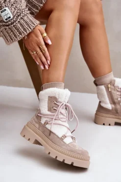 New Boto Botki Z Futerkiem Typu Baranek Beżowe Merilana Beżowy