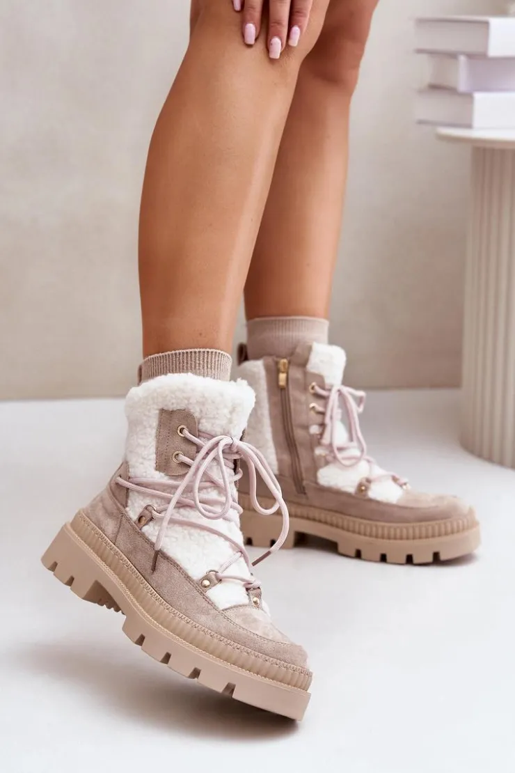 New Boto Botki Z Futerkiem Typu Baranek Beżowe Merilana Beżowy