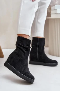 Boto Botki Na Koturnie|Botki Płaskie*Botki Z Marszczoną Cholewka Na Ukrytym Koturnie Czarne Zinradea