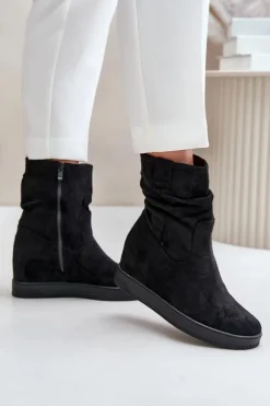 Boto Botki Na Koturnie|Botki Płaskie*Botki Z Marszczoną Cholewka Na Ukrytym Koturnie Czarne Zinradea