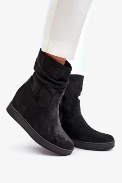 Boto Botki Na Koturnie|Botki Płaskie*Botki Z Marszczoną Cholewka Na Ukrytym Koturnie Czarne Zinradea