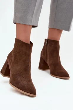Damskie Zazoo Botki Z Naturalnego Zamszu Obcas Słupek Ocieplane Brązowe 3128