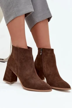Damskie Zazoo Botki Z Naturalnego Zamszu Obcas Słupek Ocieplane Brązowe 3128