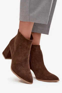 Damskie Zazoo Botki Z Naturalnego Zamszu Obcas Słupek Ocieplane Brązowe 3128