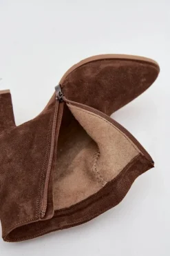 Damskie Zazoo Botki Z Naturalnego Zamszu Obcas Słupek Ocieplane Brązowe 3128