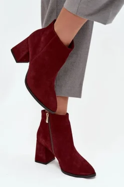 Zazoo Botki Skórzane|Botki Na Słupku*Botki Z Naturalnego Zamszu Obcas Słupek Ocieplane Bordowe 3128 Czerwony