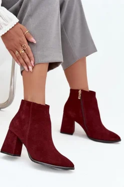 Zazoo Botki Skórzane|Botki Na Słupku*Botki Z Naturalnego Zamszu Obcas Słupek Ocieplane Bordowe 3128 Czerwony
