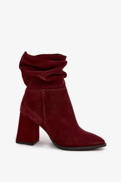 Sale Zazoo Botki Z Naturalnego Zamszu Ocieplane Na Słupku Z Marszczeniem 4216 Bordowe Czerwony