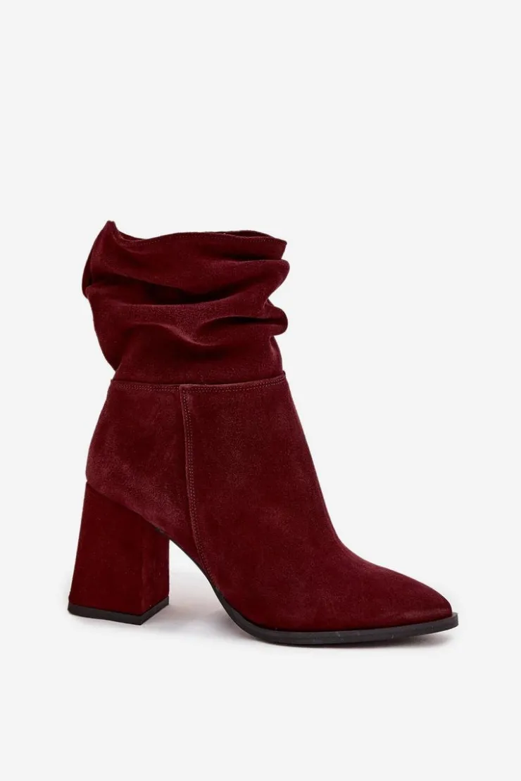 Sale Zazoo Botki Z Naturalnego Zamszu Ocieplane Na Słupku Z Marszczeniem 4216 Bordowe Czerwony