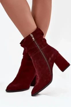 Sale Zazoo Botki Z Naturalnego Zamszu Ocieplane Na Słupku Z Marszczeniem 4216 Bordowe Czerwony