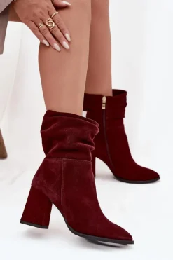 Sale Zazoo Botki Z Naturalnego Zamszu Ocieplane Na Słupku Z Marszczeniem 4216 Bordowe Czerwony