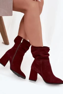 Sale Zazoo Botki Z Naturalnego Zamszu Ocieplane Na Słupku Z Marszczeniem 4216 Bordowe Czerwony