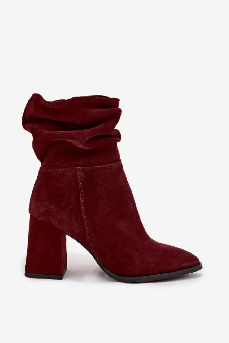 Sale Zazoo Botki Z Naturalnego Zamszu Ocieplane Na Słupku Z Marszczeniem 4216 Bordowe Czerwony